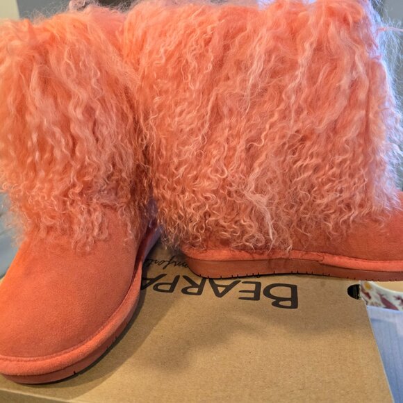 New Bearpaw Boo Boots Leather Suede Long Fur Sheepskin Women's Pink Size 6 - Picture 4 of 10